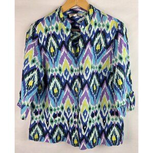 Jones New York Womens Shirt Size Petite PM Blue Linen 3/4 Sleeve Button Down Top